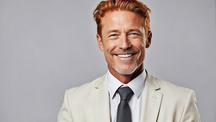 Stylish middle-aged redhead businessman with a genuine smile, dressed in a cream suit, white shirt, and dark tie