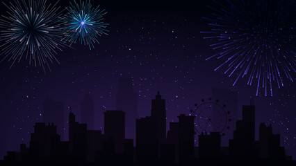 Fototapeta na wymiar New year fireworks with night sky city background