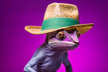 Funny chameleon in a hat on a bright background.