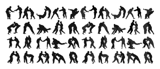 Fotobehang Judoist, judoka, athlete duel, fight, judo, sport figure silhouette outline © Mar