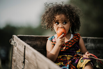 Curly hair baby girl eating tomato while sitting in truck