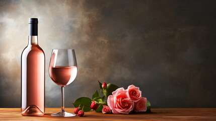 bottle of rose wine and  wineglass on a gray table and spring pink flowers, empty space for copying.