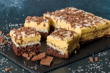 Chocolate cake with coconut shavings. Pieces of coconut cake on a dark background