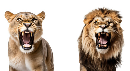 Angry Lion and Aggressive Lioness: Savannah Predators Set, Isolated on Transparent Background, PNG - obrazy, fototapety, plakaty