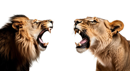 Predators of the Savannah: Set of Angry Lion and Aggressive Lioness, Isolated on Transparent Background, PNG - obrazy, fototapety, plakaty