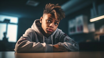 A classroom portrait reveals a solitary, upset teen boy at a table, looking directly at the camera.