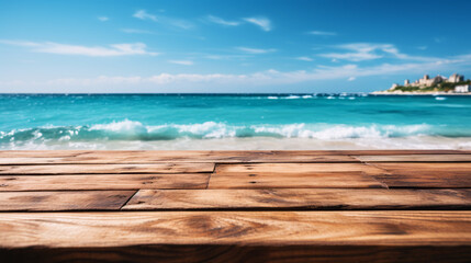 Fototapeta premium wooden table or pier is shown in the presence of a sunny beach and sea in the background.
