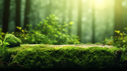 Green mossy fairytale forest with beautiful light from the sun shining between the trees in the mist.