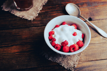 Bowl of Dessert with Raspberries and Yogurt