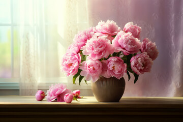 Obraz na płótnie Canvas A bouquet of pink peonies on a table near the window.