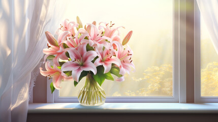 A bouquet of pink lilies on a table near the window.