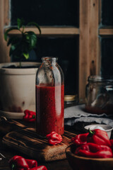 Homemade Hot Chili Sauce with Habanero Peppers, Charred Bell Peppers and Tomatoes in Bottle