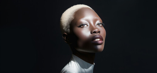 Studio portrait of African model woman with white hair over black background