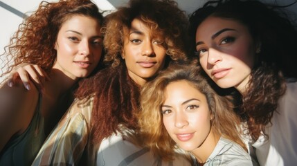 Obraz premium Diverse group of 4 women making selfie. Multriracial people standing to each other in natural sunlight.