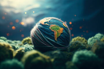 A ball of wool in the shape of an earth. Concept on the theme of environment and nature.