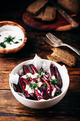 Oven baked beet fries with greek yogurt and dill