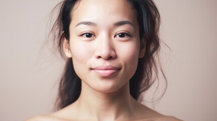 A closeup shot showcases the natural beauty and imperfections of an Asian woman.
