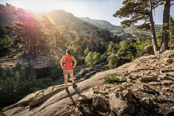 Female hiker during hike, Albertacce, Haute-Corse, Corsica, France