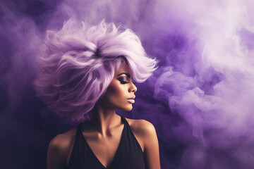 Portrait of a woman with a hairstyle surrounded by purple smoke on a colored background.