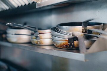Close-up of pans in restaurant kitchen