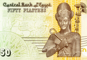 Ramses II on Egyptian fifty piastres banknote. Greatest and most powerful pharaoh of Ancient Egypt - obrazy, fototapety, plakaty