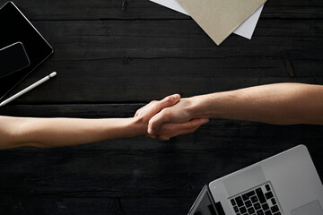 Partners shaking hands in office