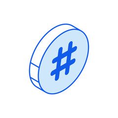 Isometric round shape icon in outline. Hashtag in round shape symbol. Social media marketing icon.