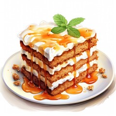 Watercolor illustration of caramel cake with whipped cream and caramel sauce on a white background