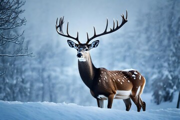 Winter Reverie: Ultra-Realistic Cinematic Scene of a Deer in Snow, Gazing at the Sky with Falling Snowflakes in Cinematic Light