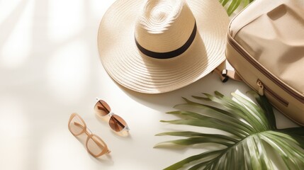 vacation background straw hat and sunglasses on the beach