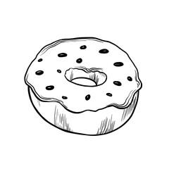 Classic donut with glaze and confectionery decorations. Vector illustration. Grapgic style. hand drawn in a simple minimalist style. Can be used for kitchen, notes, cookbook, textile.