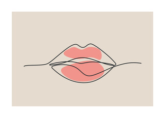 Red Women's lips in the technique continuous one line art. Women lips for logo. Color Vector illustration EPS10 for poster, banner, web, design element, postcard. Black line.
