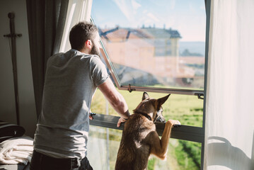 Young man standing at window with his dog, waiting