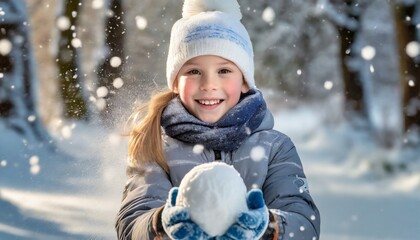 Dziewczynka trzymająca w rękach śnieżną kulę. Dzieci bawiące się na śniegu. Ferie zimowe - obrazy, fototapety, plakaty