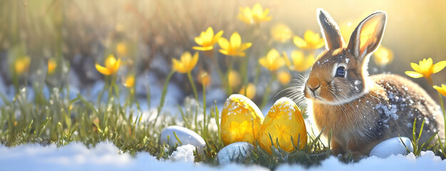 Easter Bunny in sunny garden with decorated golden eggs and yellow flowers with last melting snow background. Panorama with copy space. - obrazy, fototapety, plakaty
