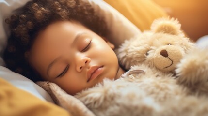 In a cozy nursery, a sleeping infant rests in a warm bed.