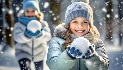 A girl holding a snow globe in her hands. Children playing in the snow. Winter break

