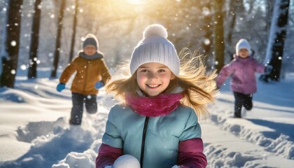 Dziewczynka trzymająca w rękach śnieżną kulę. Dzieci bawiące się na śniegu. Ferie zimowe