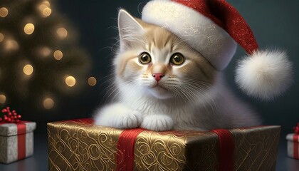 Kot w czapce Świętego Mikołaja i prezenty. Świąteczne tło - obrazy, fototapety, plakaty