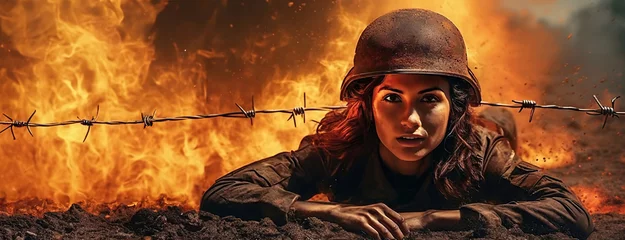 Fotobehang Portrait of military woman soldier in a helmet lies in a trench on ground. Barbed wire and fire, a bomb explodes behind the girl back during a combat attack. Panorama with copy space. © vidoc