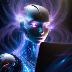 Humanoidalny robot przyszłości patrzący w ekran laptopa. Motyw sztucznej inteligencji rozwoju technologii, robotyka, fale mózgowe, połączenie zdalne - obrazy, fototapety, plakaty