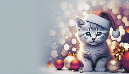 Mały kotek w czapce Świętego Mikołaja trzymający w łapkach prezent. Przygaszone kolory. Świąteczne tło, kartka z miejscem na tekst - obrazy, fototapety, plakaty