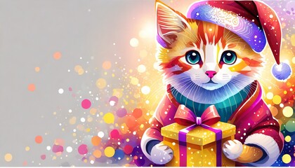 Kolorowy kot w stroju Świętego Mikołaja trzymający w łapkach prezent. Świąteczne tło, kartka z miejscem na tekst - obrazy, fototapety, plakaty
