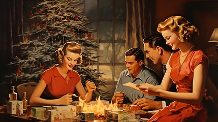 Classic Christmas Xmas Holiday Photo of Family, Christmas Tree, Christmas Lights, and more 