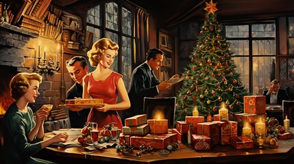 Classic Christmas Xmas Holiday Photo of Family, Christmas Tree, Christmas Lights, and more 