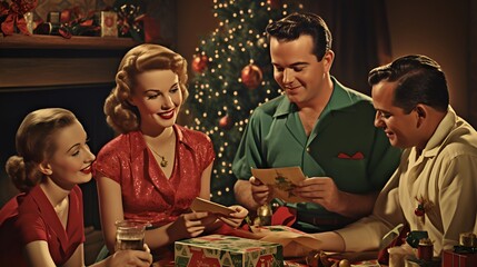 Classic Christmas Xmas Holiday Photo of Family, Christmas Tree, Christmas Lights, and more 