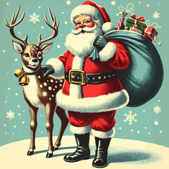 Vintage chirstmas card Santa claus and a deer are standing next to each other. Ai Generated