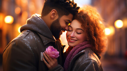 Smiling Hispanic woman hugging Asian boyfriend and holding rose she got for Valentine's Day outdoors