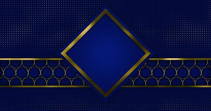 seamless animation luxury background consists of a square with golden outline in the center, over golden outline circular pattern grid moving right to left over golder dotted navy blue background.
