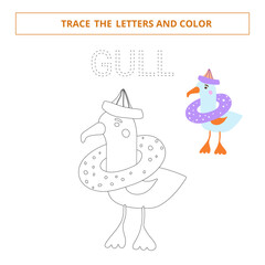 Trace the letters and color the seagull.